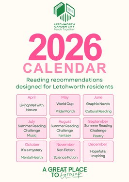 A pink calendar graphic showcasing the monthly Year of Reading themes.