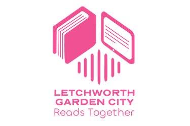 A logo displaying a book, audio lines, and an e-reader, with text below that says "Letchworth Garden City Reads Together".