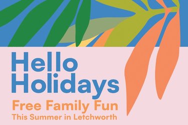 A colourful graphic reads: Hello Holidays, free family fun this summer in Letchworth