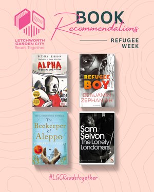 A graphic displaying four book covers: Alpha Adijan to Gare du Nord, Refugee Boy, The Beekeeper of Aleppo, and The Lonely Londoners.