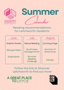A calendar graphic for the Year of Reading monthly themes. July is Nature Reading, South Asian Heritage Month, and the Summer Reading Challenge. August is Coming of Age, Summer of Adventures, and Fantasy.