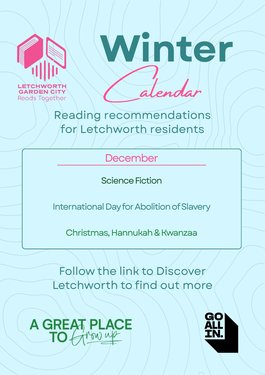 A calendar graphic for the Year of Reading monthly themes. December is Science Fiction, International Day for Abolition of Slavery, and Christmas, Hannukah and Kwanzaa.
