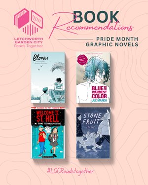 A graphic displaying four book covers: Bloom, Blue is the Warmest Color, Welcome to St Hell: My trans teen misadventure, and Stone Fruit